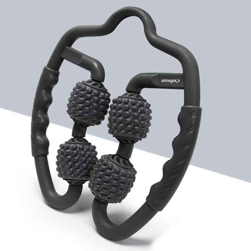 U-shape arm massage roller with black spiked wheels and black frame, product view