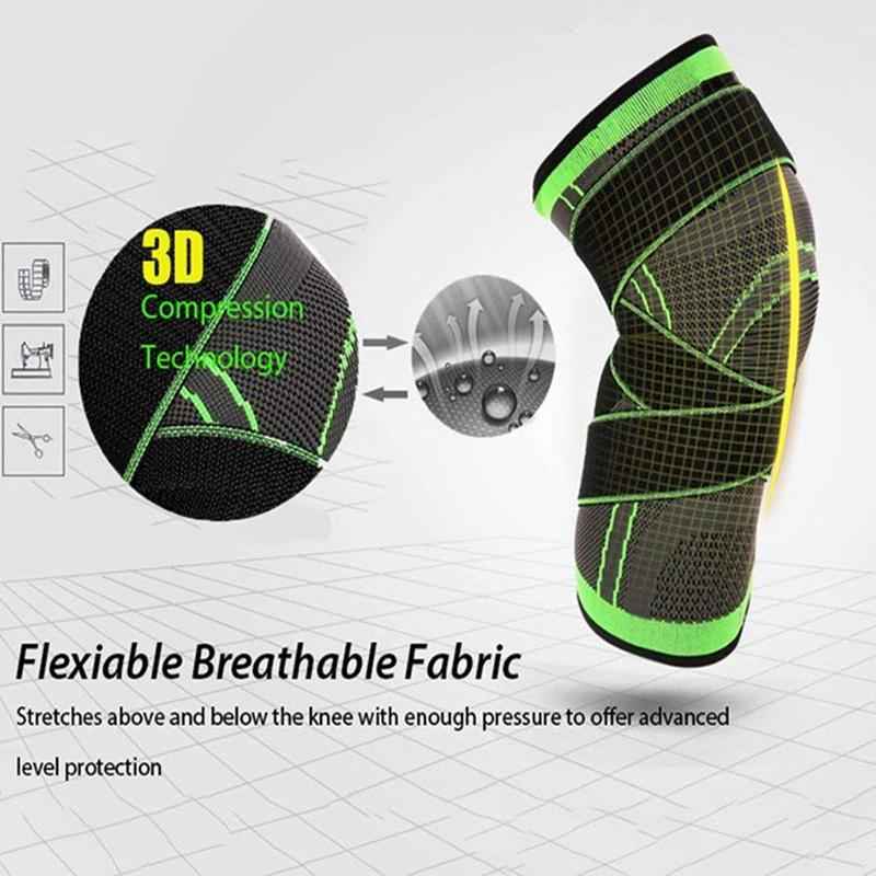Adjustable knee compression sleeve, black with neon green border and textured fabric