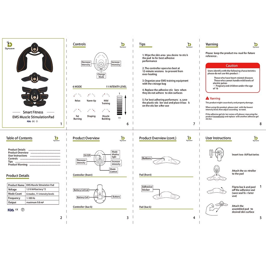 Abdominal muscle stimulator user guide pages with diagrams and warning icons