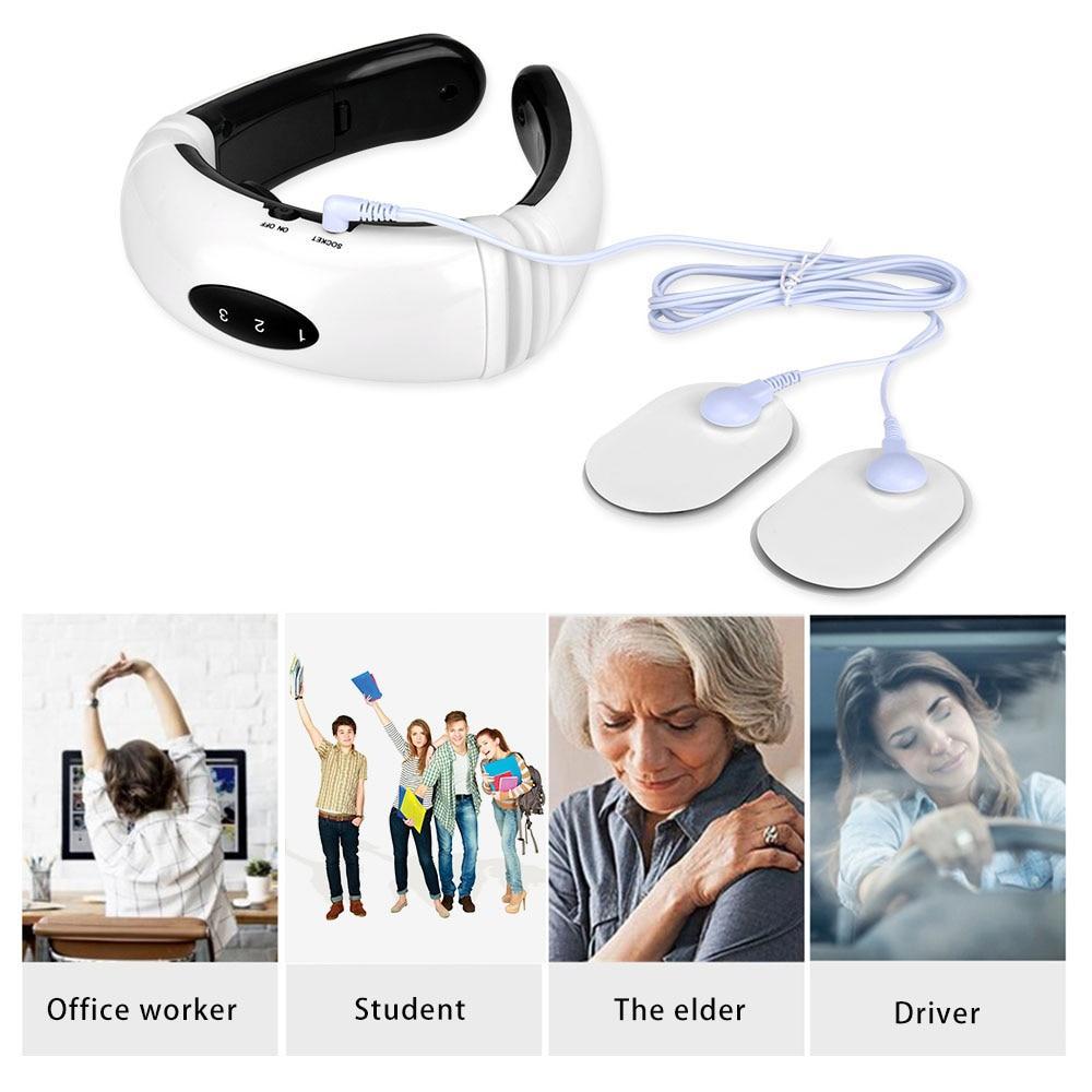White electric neck massager with cable and paired electrode pads, shown separately