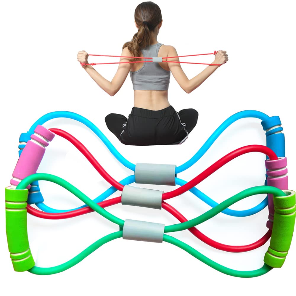 Yoga resistance rubber band set with multicolor loops and gray grip segments