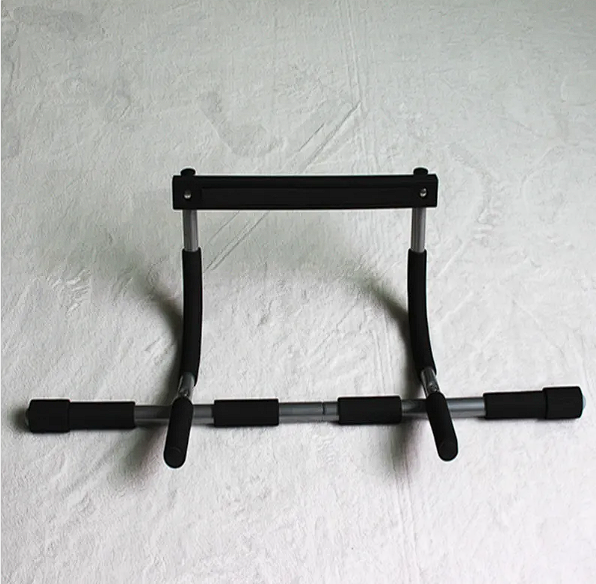 Adjustable pull-up and dip bar with padded black handles and gray support frame