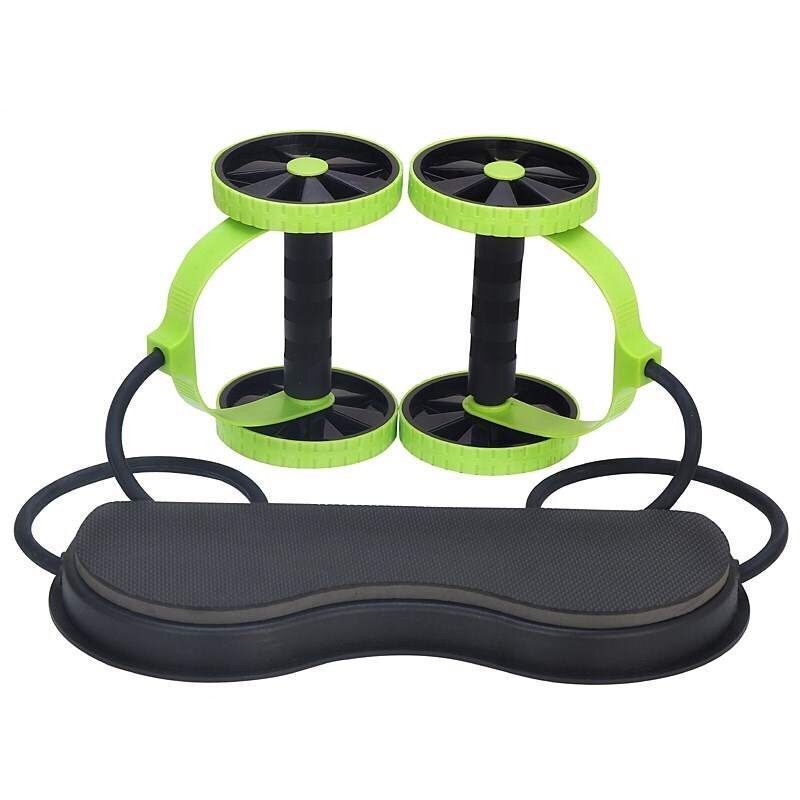 Green ab roller wheel with two black wheels, padded base, and loop handles