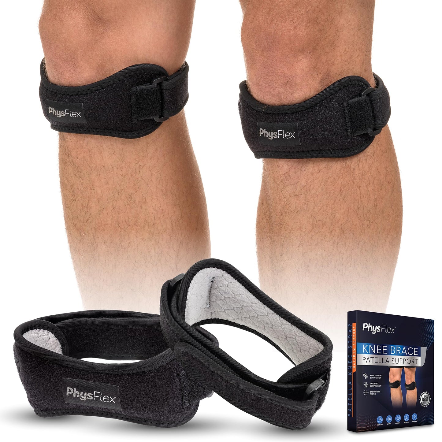 Adjustable black knee brace with patella pad and two Velcro straps on model legs
