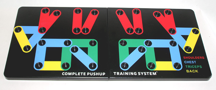 Training push up board with colored push pattern and grip handle placement zones
