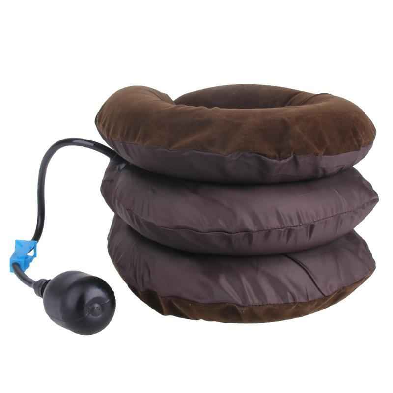 Neck traction pillow with air pump hose and blue connector, dark brown fabric