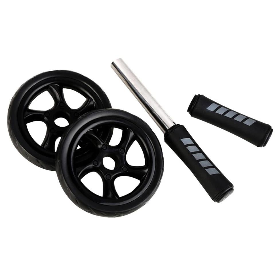 Ab roller trainer parts: two black wheels and two foam handle grips