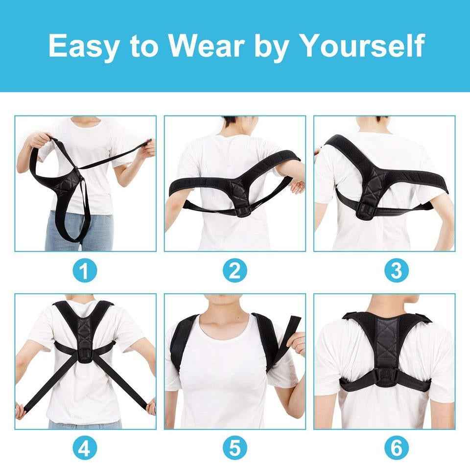 Black posture corrector belt shown on white tank top with straps and buckle