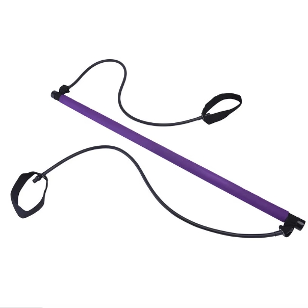 Pilates squat resistance bar with bands, purple bar with two black handle straps