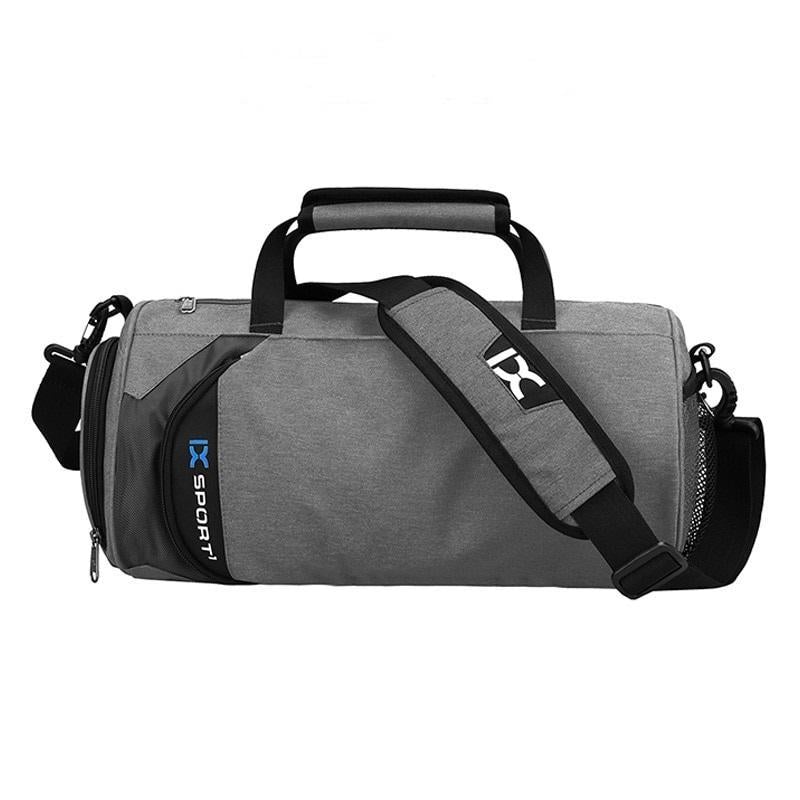 Gray gym & travel duffel bag with black shoulder strap and front zipper pocket, X sport logo.