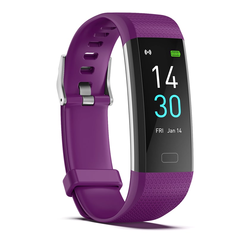 Purple smart fitness watch with silicone strap and black OLED display