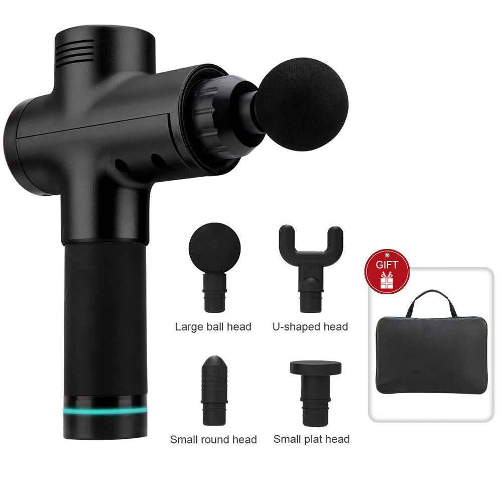 Black massage gun with large ball, U-shaped head, and small round and flat tips