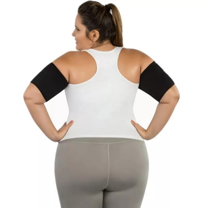 Black arm compression sleeves, back view, snug fit on upper arms