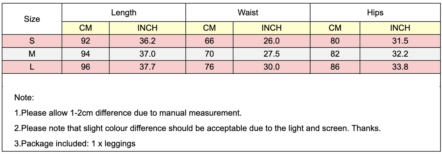 Size chart for women’s high waist fitness leggings, showing S–L measurements