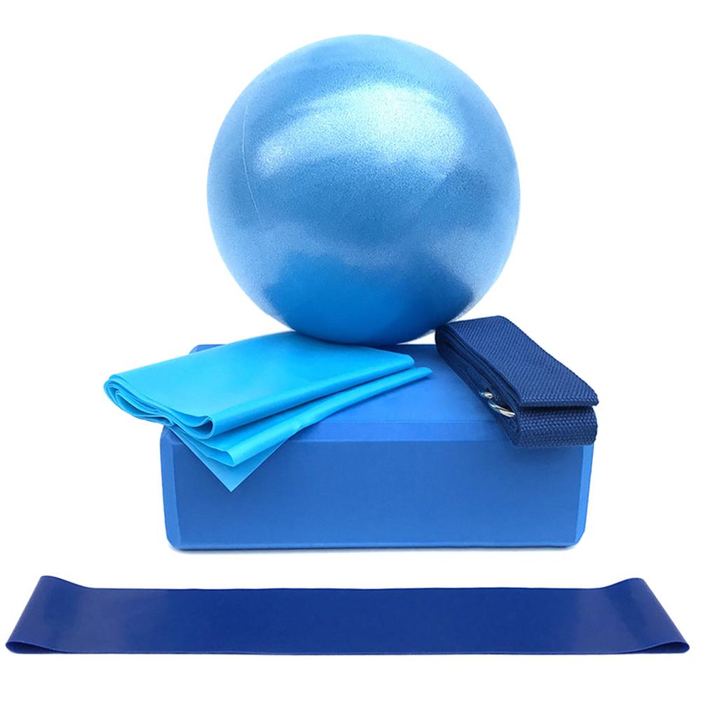 Yoga ball and block set with strap and band, blue ball with folded blue blocks