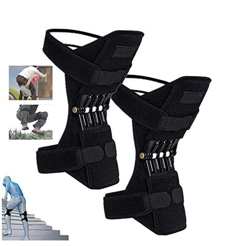 Pair of black knee support pads with adjustable straps and spring rods, angled view