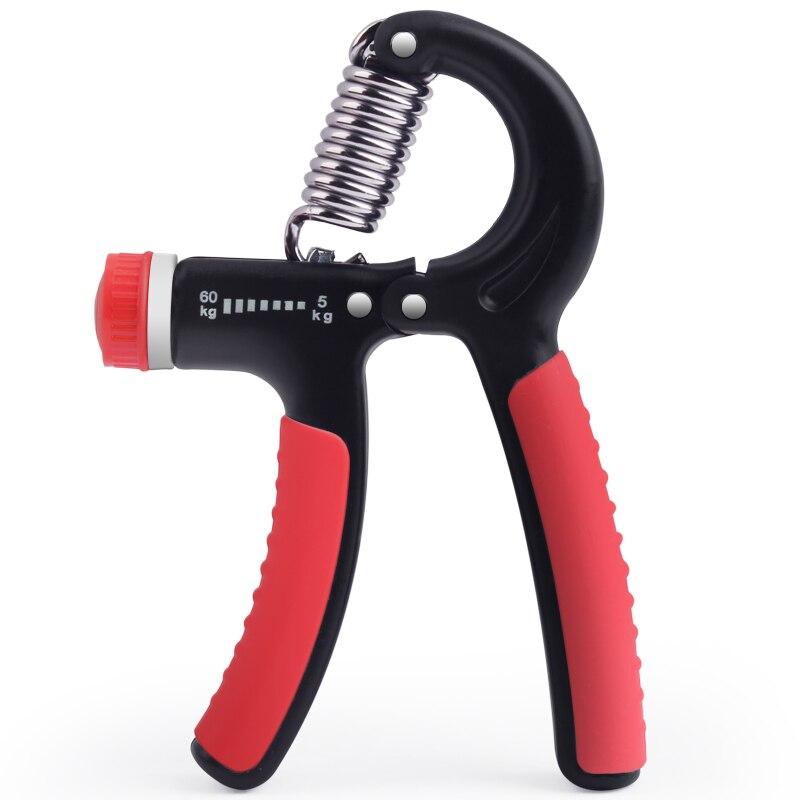 Adjustable hand gripper tool with red and black padded handles and metal spring.