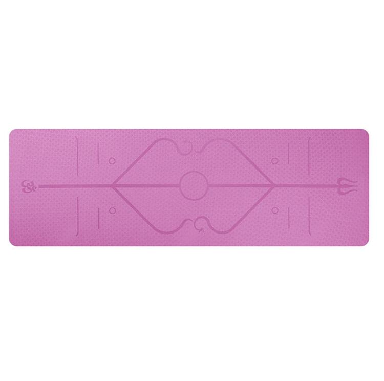 Pink non-slip yoga mat with textured surface and alignment line markings.